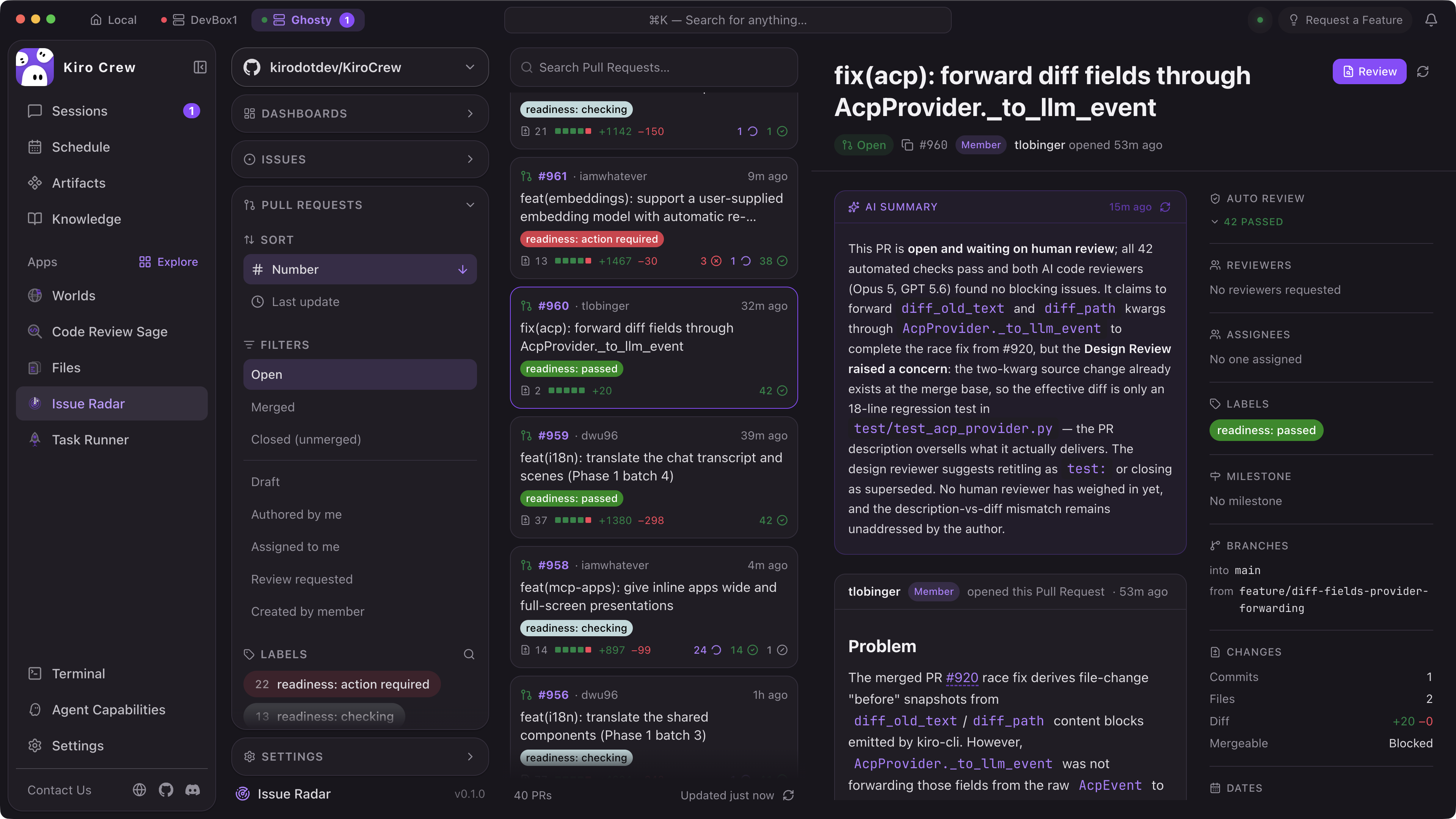 The Issue Radar app showing filters and a list of open pull requests with readiness labels, next to the selected pull request's AI summary, passing checks, labels, and branch details